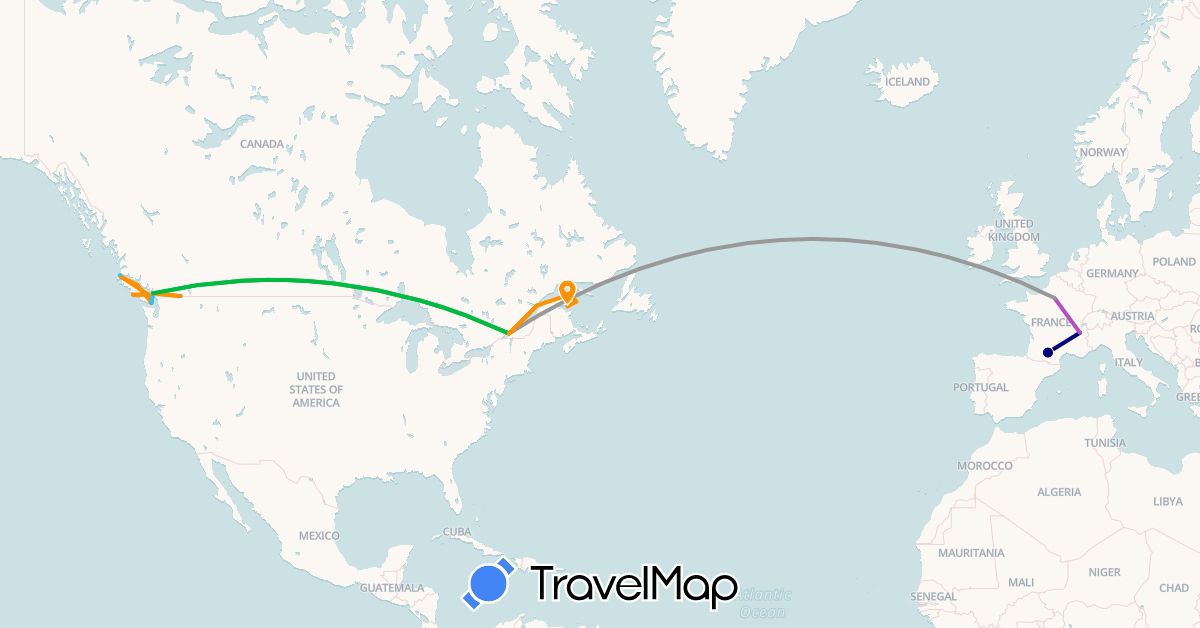 TravelMap itinerary: driving, bus, plane, train, boat, hitchhiking in Canada, France (Europe, North America)